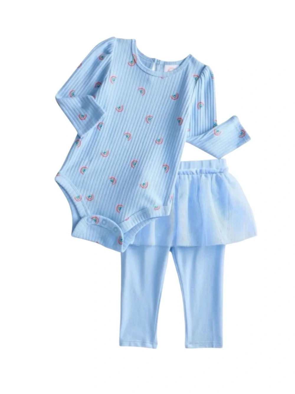 wonder nation Light Blue Ribbed Mini Rainbow Bodysuit With Tulle Skeggings